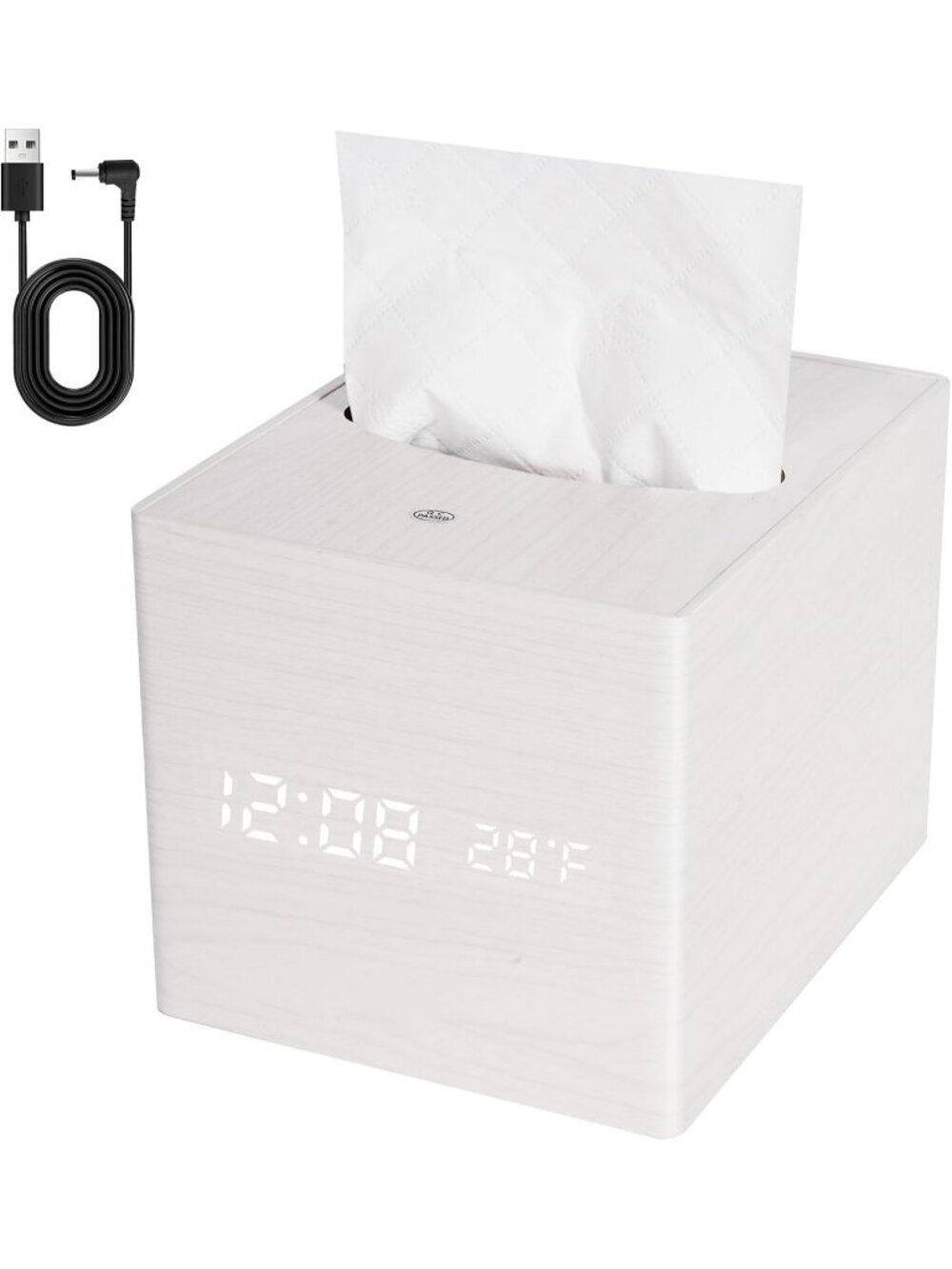 Home White Digital Cordless Alarm Temperature Display Wooden Tissue Box Clock